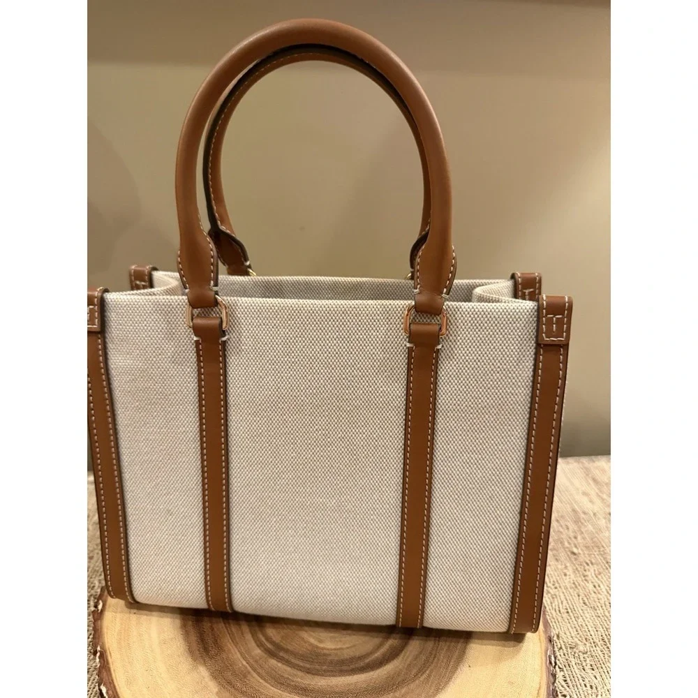 Tory Burch Blake Canvas Classic  Cuoio Small Tote Natural & Tan Style 145356 New